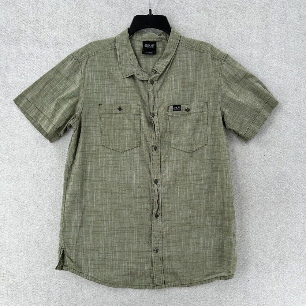 Jack Wolfskin Shirt Mens Sz M Green Short Sleeve Buton Up Outdoor‎ Quick Dry